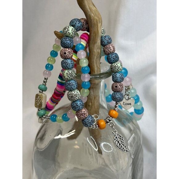 Turquoise Black Lava Heart Boho Stretch Stack Beaded Bracelets Set Of 4 HOT PINK - Picture 2 of 14